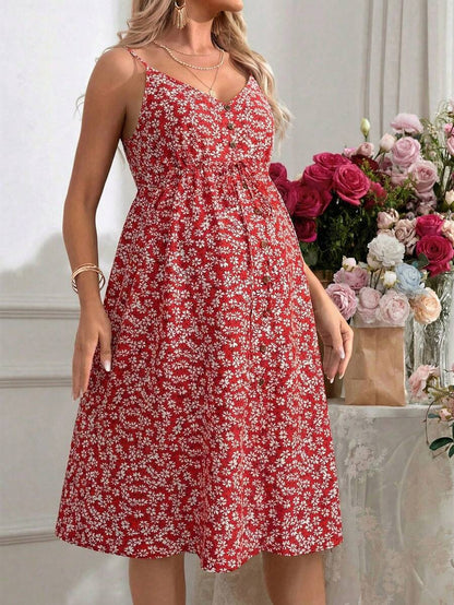 Pink Boho Button Front Cami Dress - Women's Adjustable Spaghetti Strap Cold Shoulder High Waist Flared Knee Length Vacation Dress