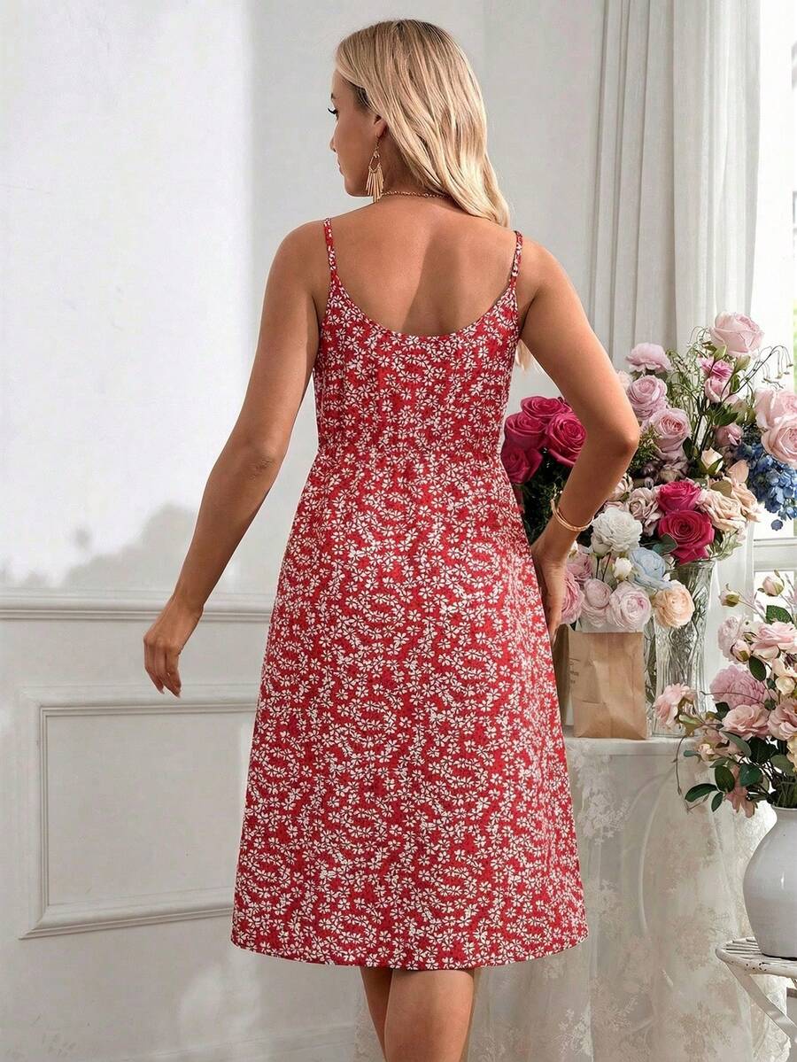 Maternity Romantic Holiday Adjustable Cami Green Ditsy Floral Print Knee Length Dress for Vacation and Baby Shower