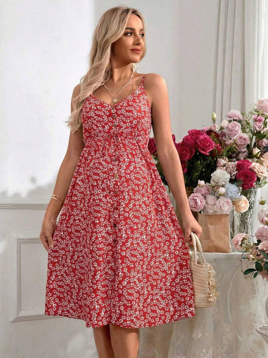Maternity Romantic Holiday Adjustable Cami Green Ditsy Floral Print Knee Length Dress for Vacation and Baby Shower