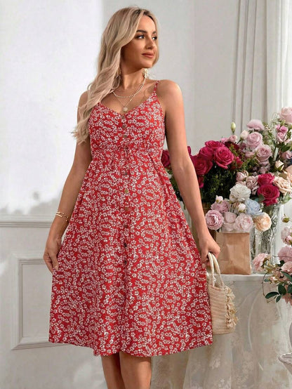 Maternity Romantic Holiday Adjustable Cami Green Ditsy Floral Print Knee Length Dress for Vacation and Baby Shower