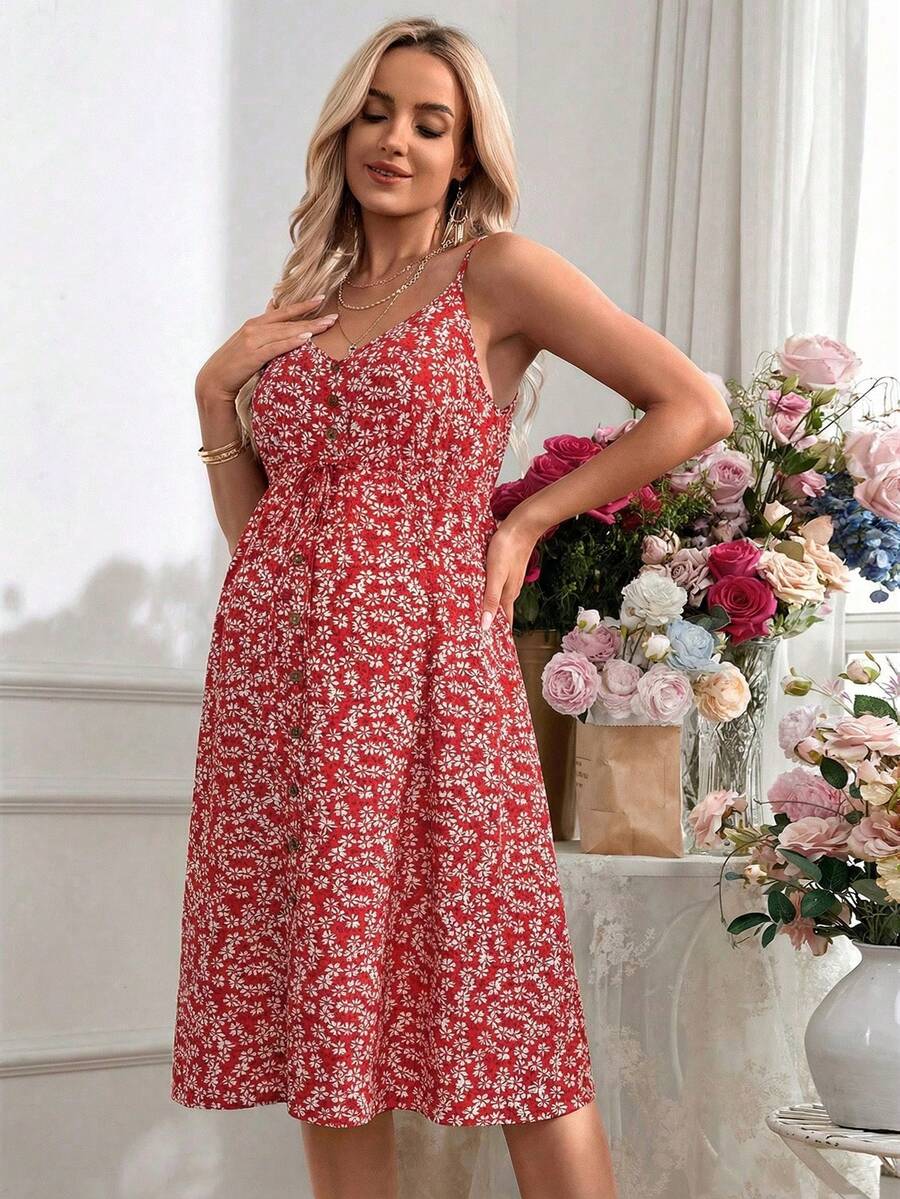 Maternity Romantic Holiday Adjustable Cami Green Ditsy Floral Print Knee Length Dress for Vacation and Baby Shower
