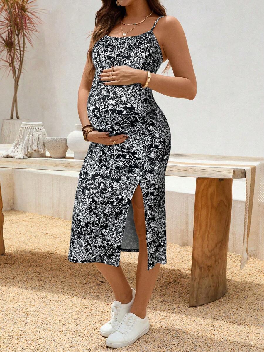 Maternity Dress - Floral Print Side Slit Sleeveless Elegant Vacation Soft Stretch, Summer Holiday