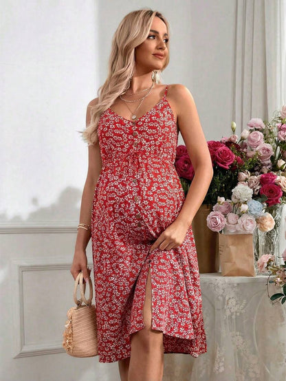 Maternity Romantic Holiday Adjustable Cami Green Ditsy Floral Print Knee Length Dress for Vacation and Baby Shower