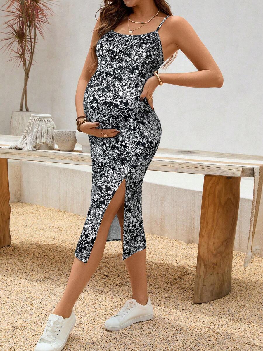 Maternity Dress - Floral Print Side Slit Sleeveless Elegant Vacation Soft Stretch, Summer Holiday