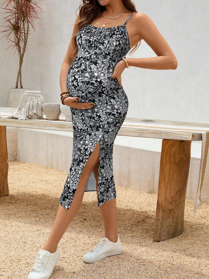 Maternity Dress - Floral Print Side Slit Sleeveless Elegant Vacation Soft Stretch, Summer Holiday