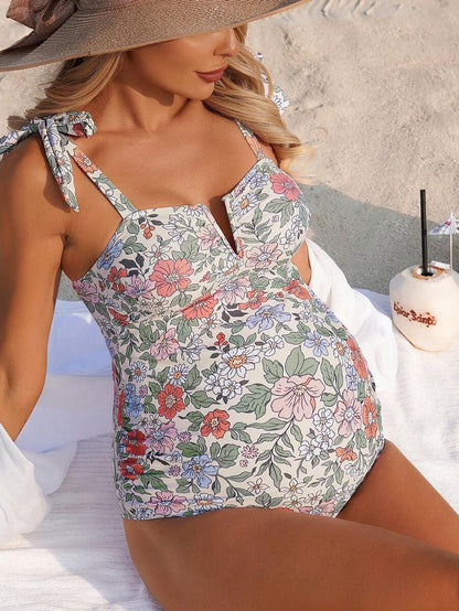 Maternity Jumpsuit - Floral V-Neck Bow-Tie Casual Summer Beach Pool Resort