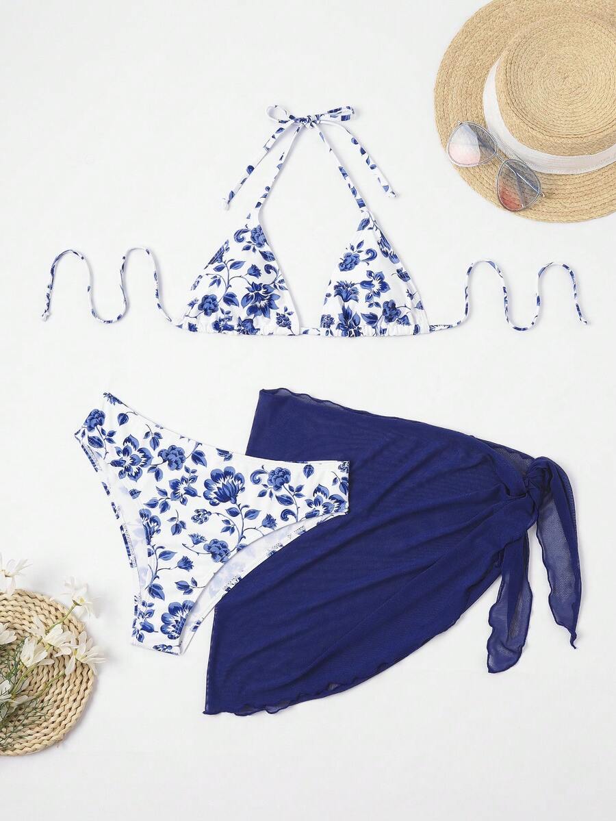 Women's 3-Piece Shell Print Bikini Set - V-Neck Halter, Triangle, Side Tie Skirt, Multicolor