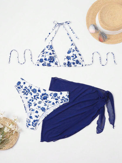 Women's 3-Piece Shell Print Bikini Set - V-Neck Halter, Triangle, Side Tie Skirt, Multicolor