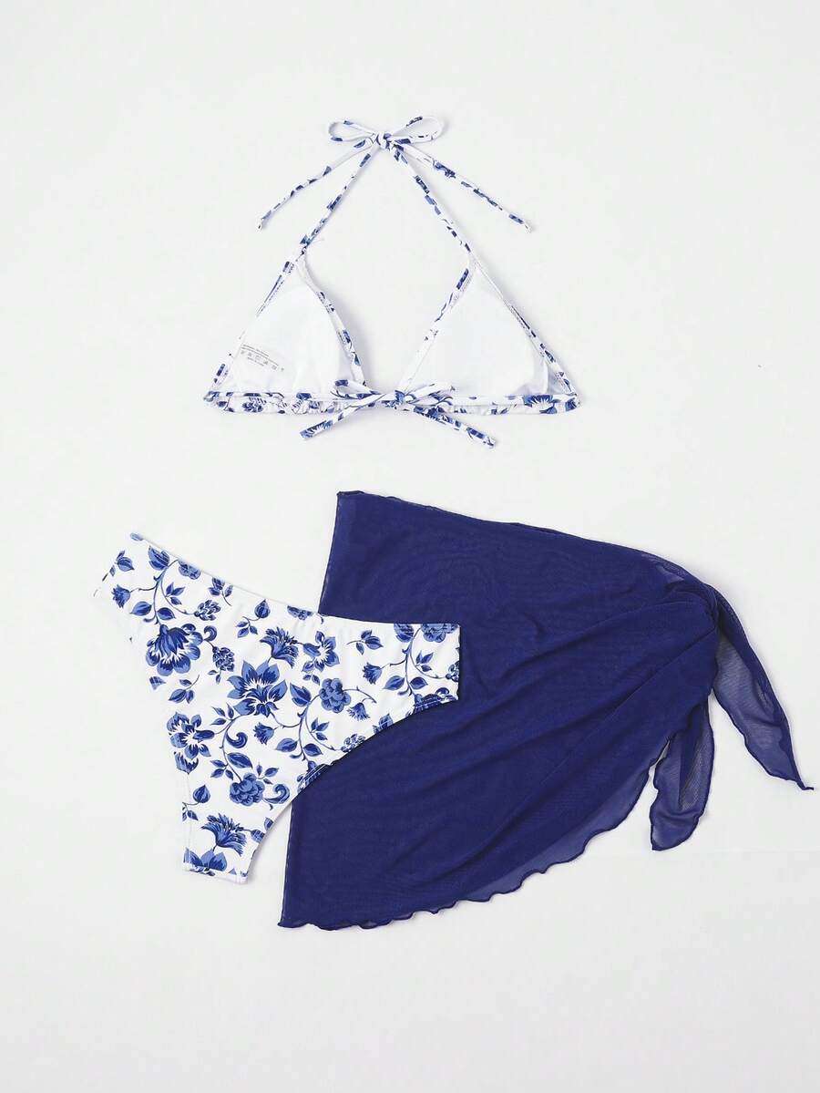 Women's 3-Piece Shell Print Bikini Set - V-Neck Halter, Triangle, Side Tie Skirt, Multicolor