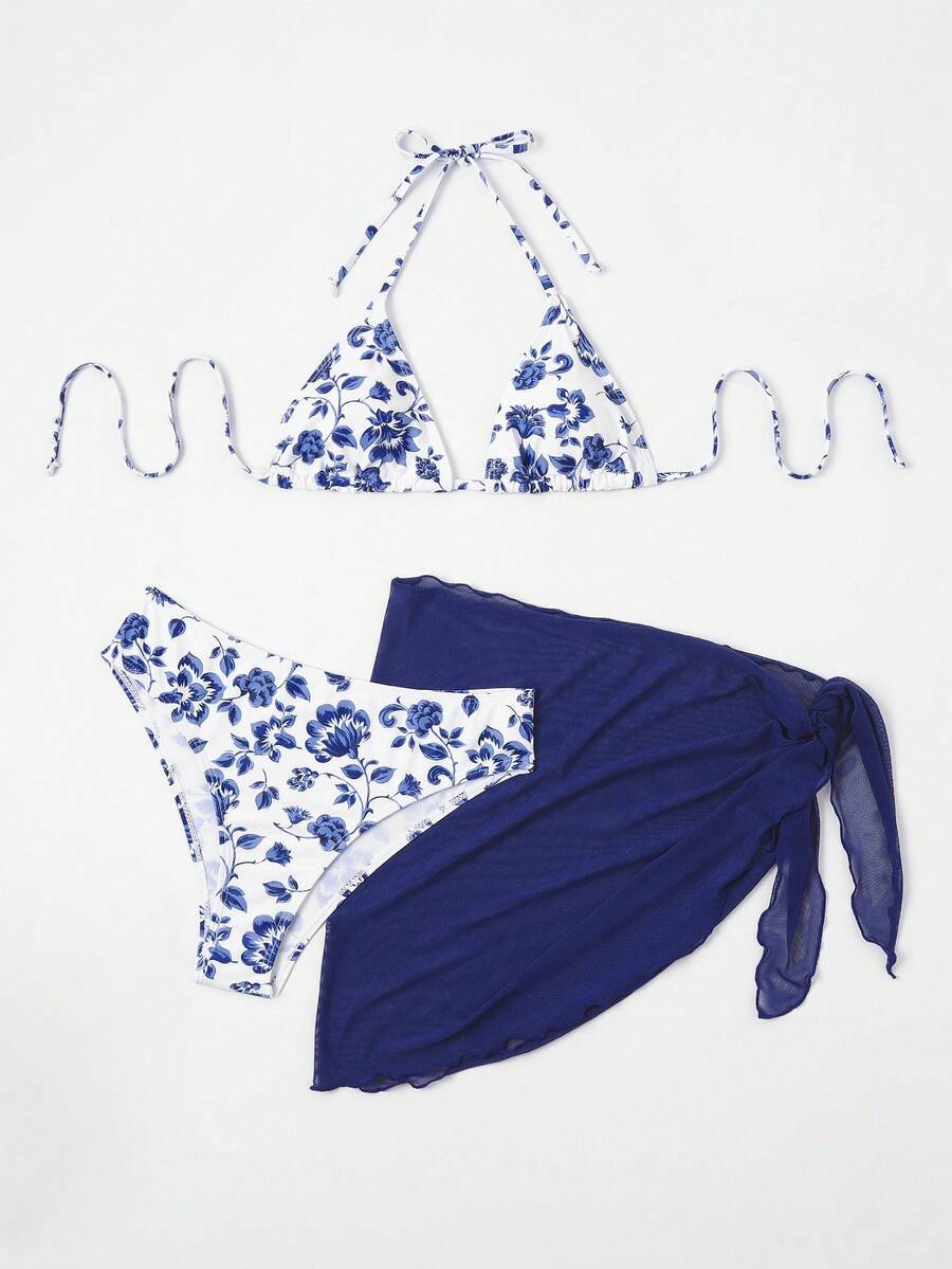 Women's 3-Piece Shell Print Bikini Set - V-Neck Halter, Triangle, Side Tie Skirt, Multicolor