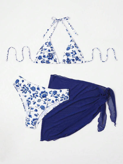 Women's 3-Piece Shell Print Bikini Set - V-Neck Halter, Triangle, Side Tie Skirt, Multicolor