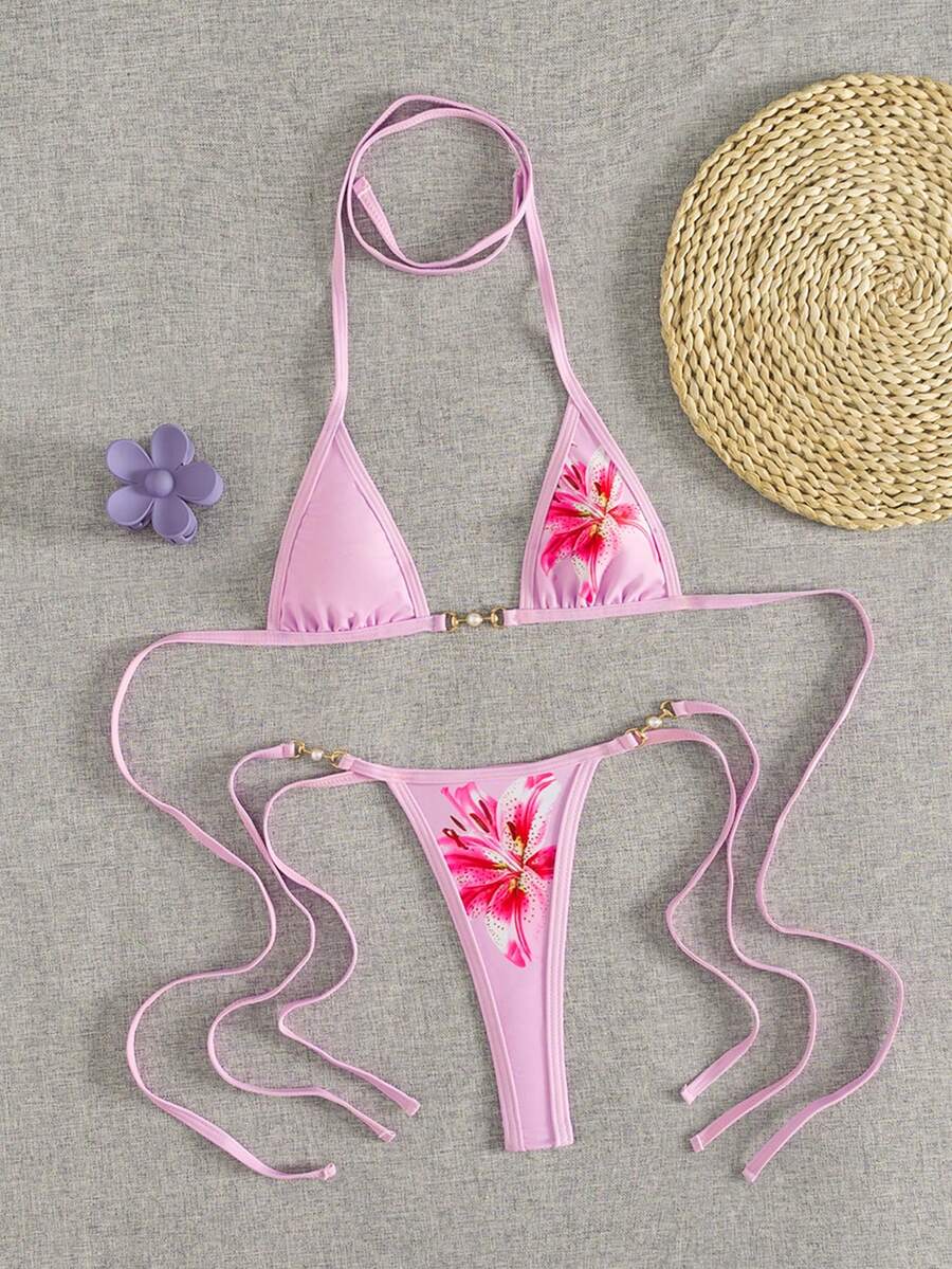 Swim Vcay Swim SXY 2pcs Women's New Floral Print Spaghetti Strap Backless Micro Triangle Top And Thong Sexy Bikini Set Set