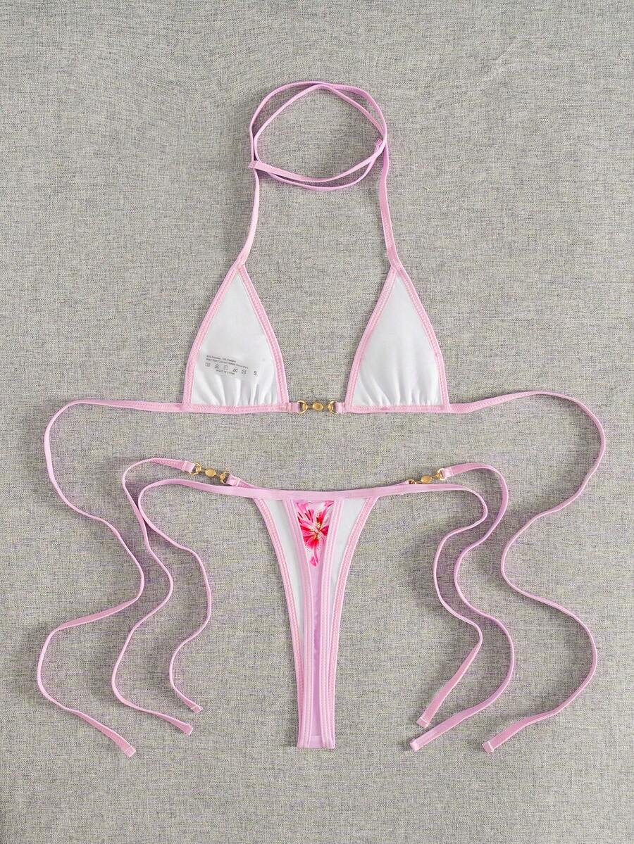 Swim Vcay Swim SXY 2pcs Women's New Floral Print Spaghetti Strap Backless Micro Triangle Top And Thong Sexy Bikini Set Set