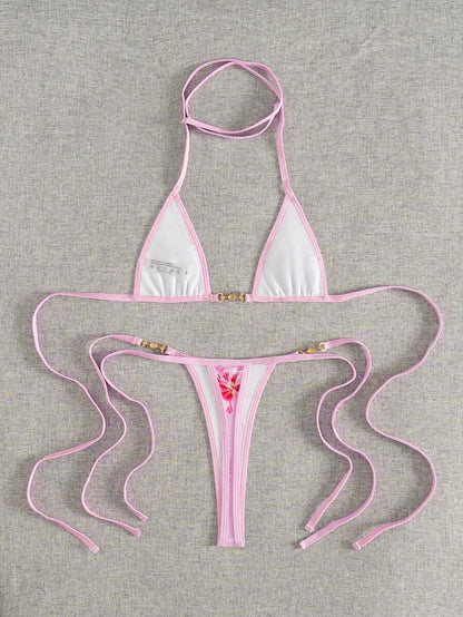 Swim Vcay Swim SXY 2pcs Women's New Floral Print Spaghetti Strap Backless Micro Triangle Top And Thong Sexy Bikini Set Set
