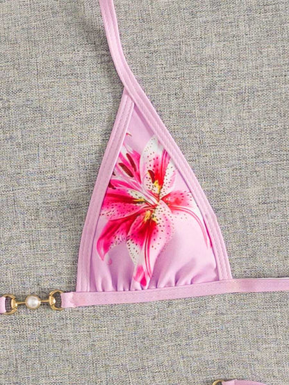 Swim Vcay Swim SXY 2pcs Women's New Floral Print Spaghetti Strap Backless Micro Triangle Top And Thong Sexy Bikini Set Set