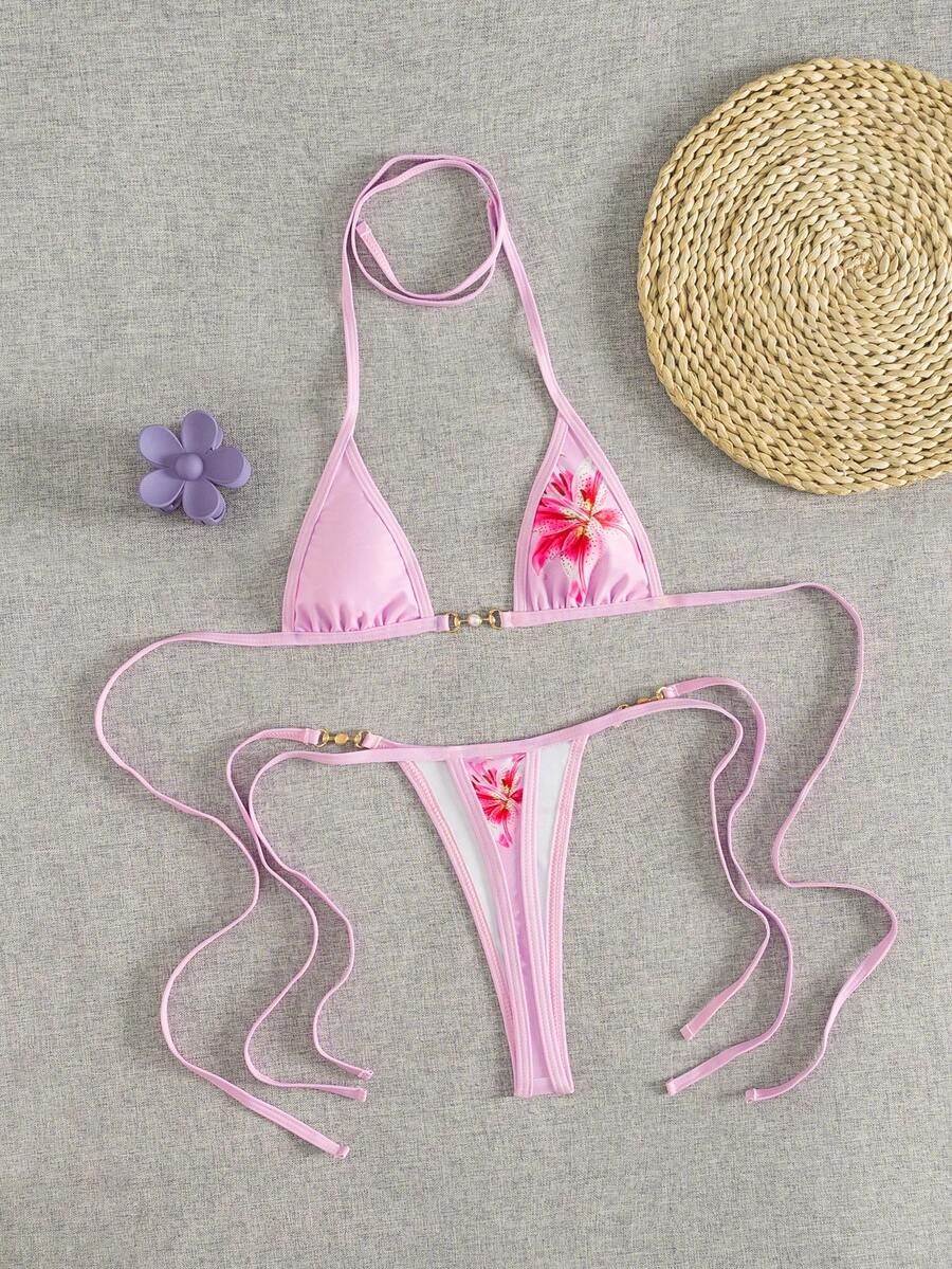 Swim Vcay Swim SXY 2pcs Women's New Floral Print Spaghetti Strap Backless Micro Triangle Top And Thong Sexy Bikini Set Set