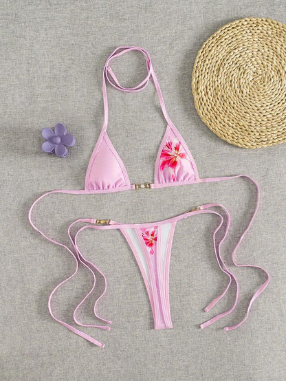 Swim Vcay Swim SXY 2pcs Women's New Floral Print Spaghetti Strap Backless Micro Triangle Top And Thong Sexy Bikini Set Set