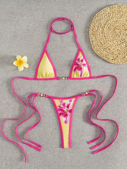 Swim Vcay Swim SXY 2pcs Women's New Floral Print Spaghetti Strap Backless Micro Triangle Top And Thong Sexy Bikini Set Set