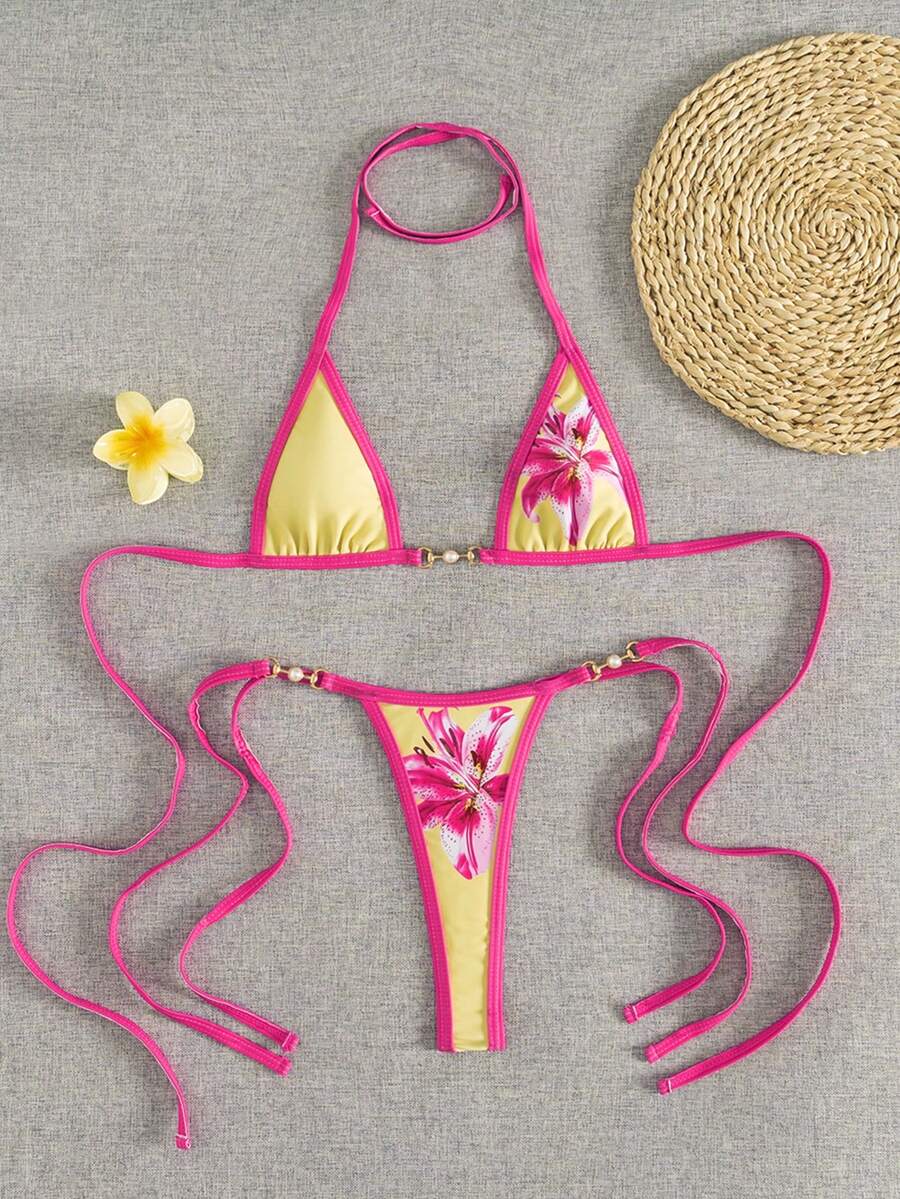 Swim Vcay Swim SXY 2pcs Women's New Floral Print Spaghetti Strap Backless Micro Triangle Top And Thong Sexy Bikini Set Set