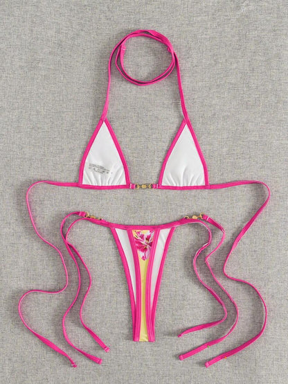Swim Vcay Swim SXY 2pcs Women's New Floral Print Spaghetti Strap Backless Micro Triangle Top And Thong Sexy Bikini Set Set