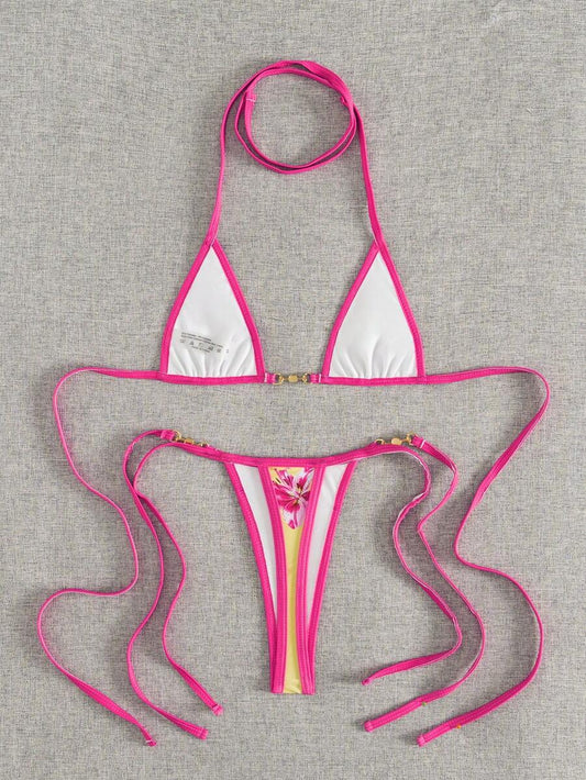 Swim Vcay Swim SXY 2pcs Women's New Floral Print Spaghetti Strap Backless Micro Triangle Top And Thong Sexy Bikini Set Set