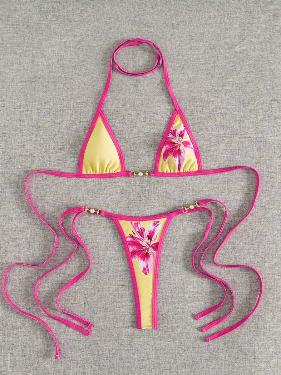 Swim Vcay Swim SXY 2pcs Women's New Floral Print Spaghetti Strap Backless Micro Triangle Top And Thong Sexy Bikini Set Set