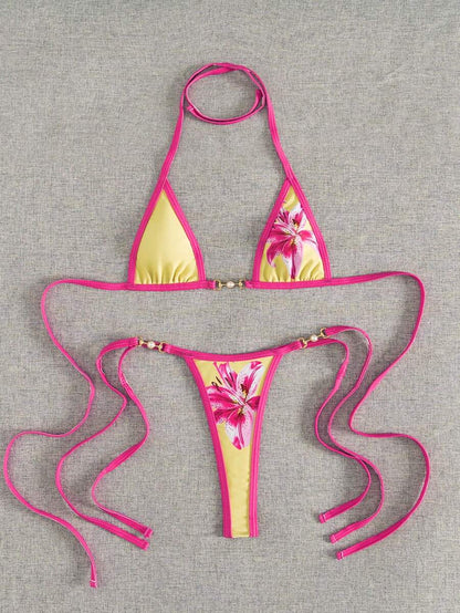 Swim Vcay Swim SXY 2pcs Women's New Floral Print Spaghetti Strap Backless Micro Triangle Top And Thong Sexy Bikini Set Set