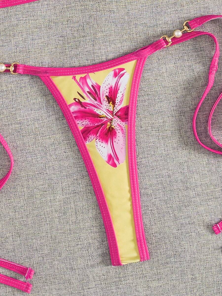 Swim Vcay Swim SXY 2pcs Women's New Floral Print Spaghetti Strap Backless Micro Triangle Top And Thong Sexy Bikini Set Set