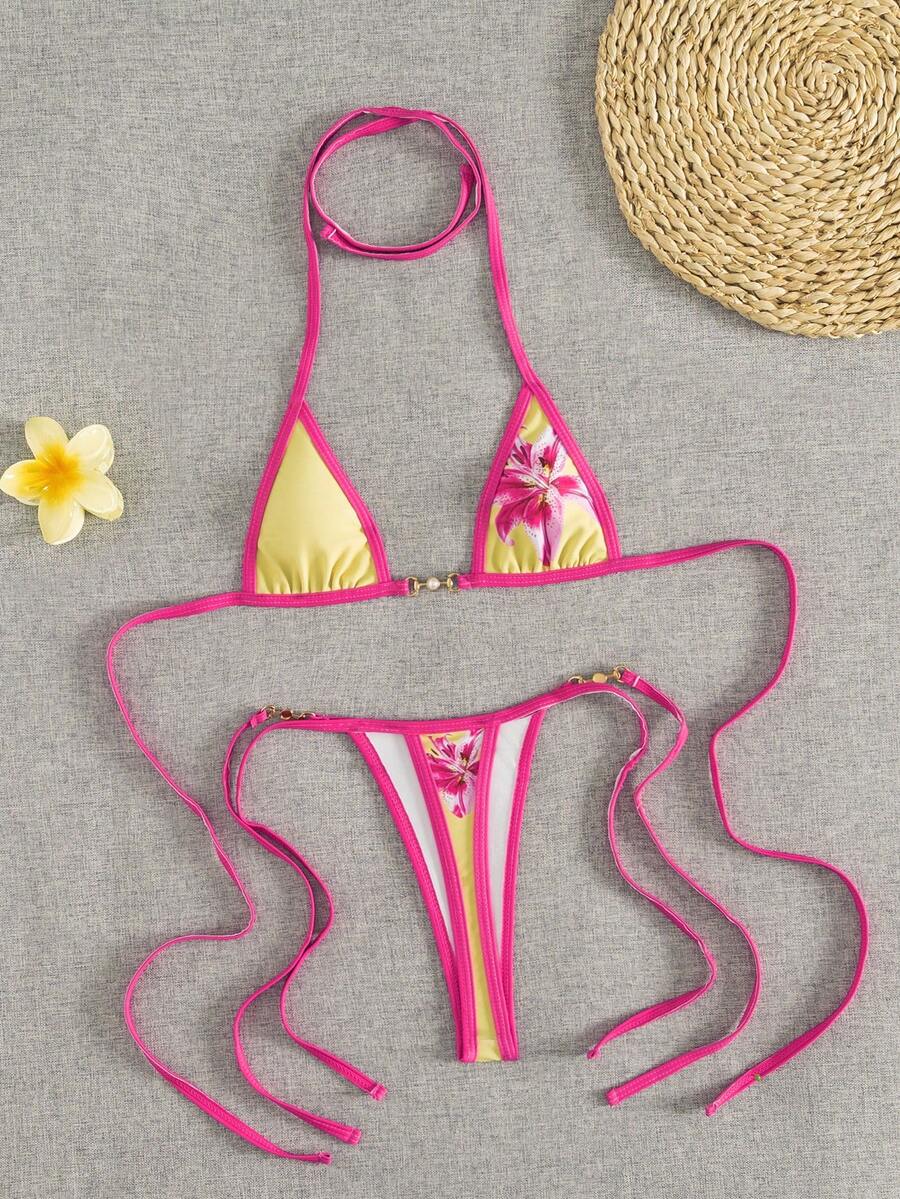 Swim Vcay Swim SXY 2pcs Women's New Floral Print Spaghetti Strap Backless Micro Triangle Top And Thong Sexy Bikini Set Set