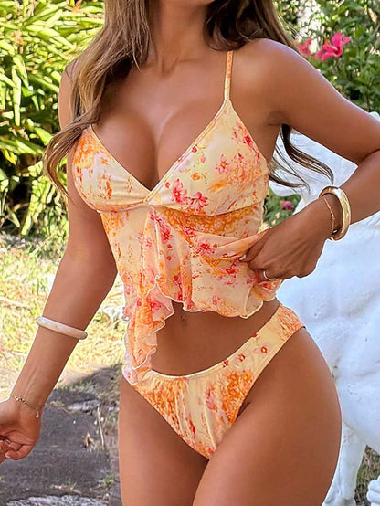 Women's 2-Piece Bikini Set - Asymmetrical Hem, Backless, Spaghetti Strap, Multicolor Print