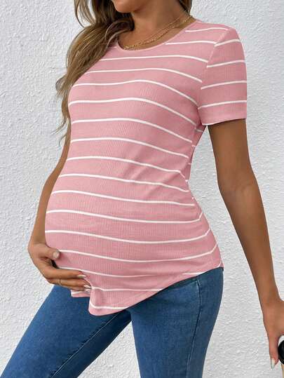 Pink Striped Asymmetrical Hem Maternity T-Shirt - Slim Fit Short Sleeve Round Neck Casual Knit Top for Daily Wear