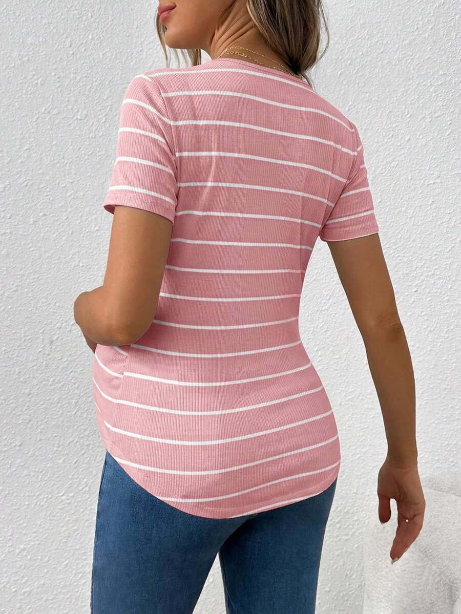 Pink Striped Asymmetrical Hem Maternity T-Shirt - Slim Fit Short Sleeve Round Neck Casual Knit Top for Daily Wear