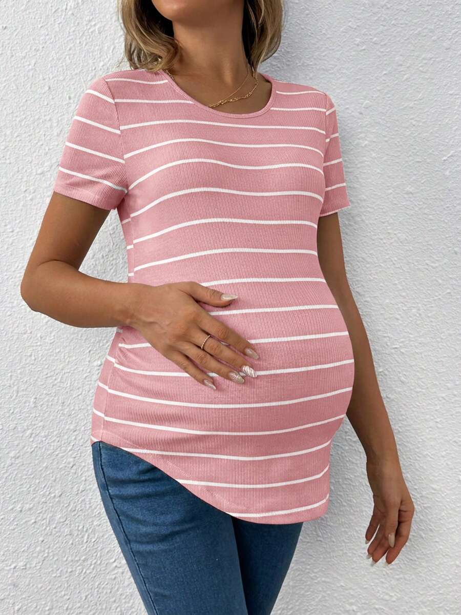 Pink Striped Asymmetrical Hem Maternity T-Shirt - Slim Fit Short Sleeve Round Neck Casual Knit Top for Daily Wear