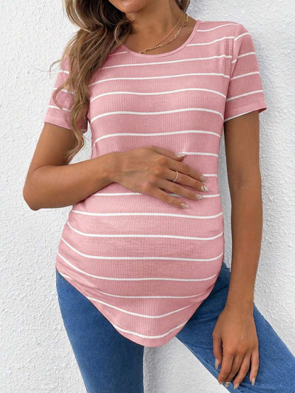 Pink Striped Asymmetrical Hem Maternity T-Shirt - Slim Fit Short Sleeve Round Neck Casual Knit Top for Daily Wear