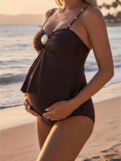 Maternity Bikini Set - Seashell Print Ruffle Top, Coffee