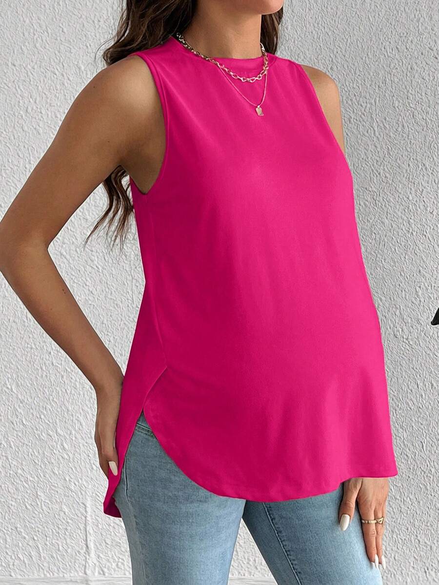 White Asymmetrical Maternity Tank Top - Casual Round Neck High Stretch Loose Fit Knitted Sleeveless Shirt for Travel & Daily Wear