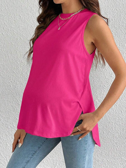 Maternity Round Neck High Stretch Tank Top - White Casual Loose Fit Asymmetrical Hem Travel Top