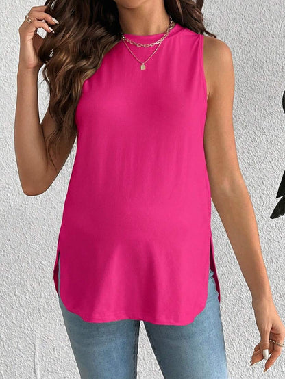 Dusty Pink Maternity Tank Top - Sleeveless Round Neck High Stretch Knitted Summer Top for Casual Travel