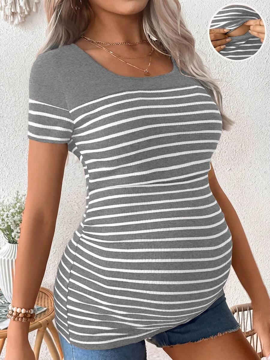 Maternity Colorblock Striped Short Sleeve Nursing T-Shirt - Slim Fit Rib-Knit Breastfeeding Scoop Neck Top