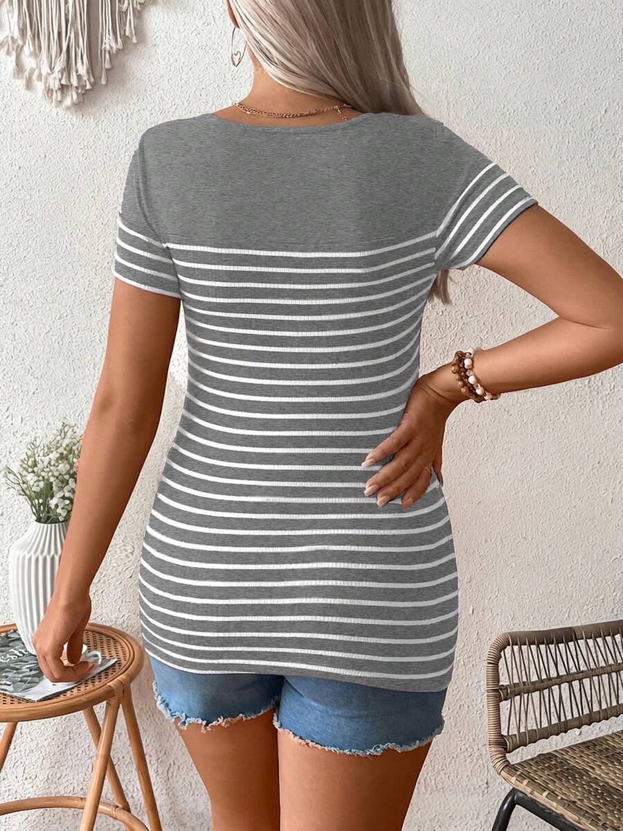 Maternity Striped Short Sleeve Nursing T-Shirt Brown Scoop Neck High Stretch Slim Fit Casual Summer Beach Nursing Top