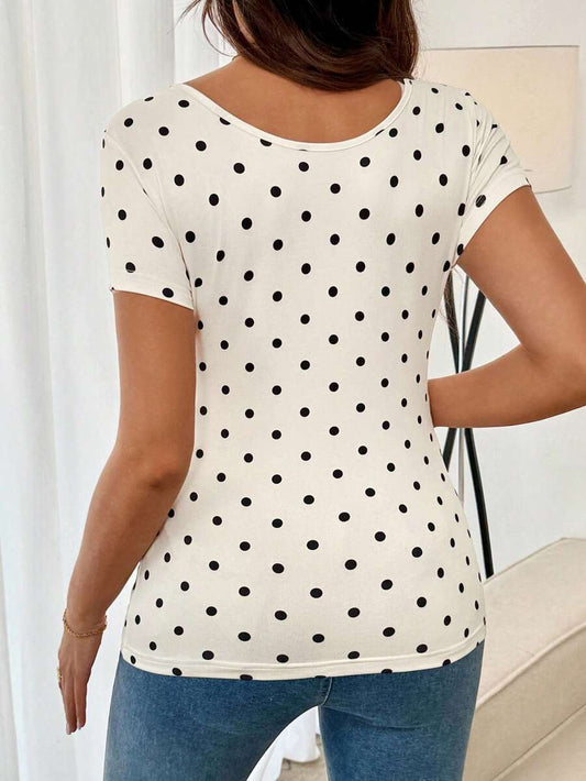 Maternity Polka Dot Print Round Neck Nursing Top White Slim Fit Short Sleeve Casual Home Wear Shirt for Pregnancy and Postpartum