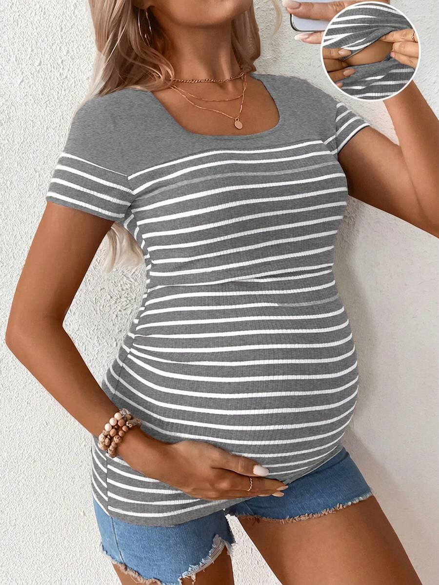 Maternity Striped Short Sleeve Nursing T-Shirt Brown Scoop Neck High Stretch Slim Fit Casual Summer Beach Nursing Top