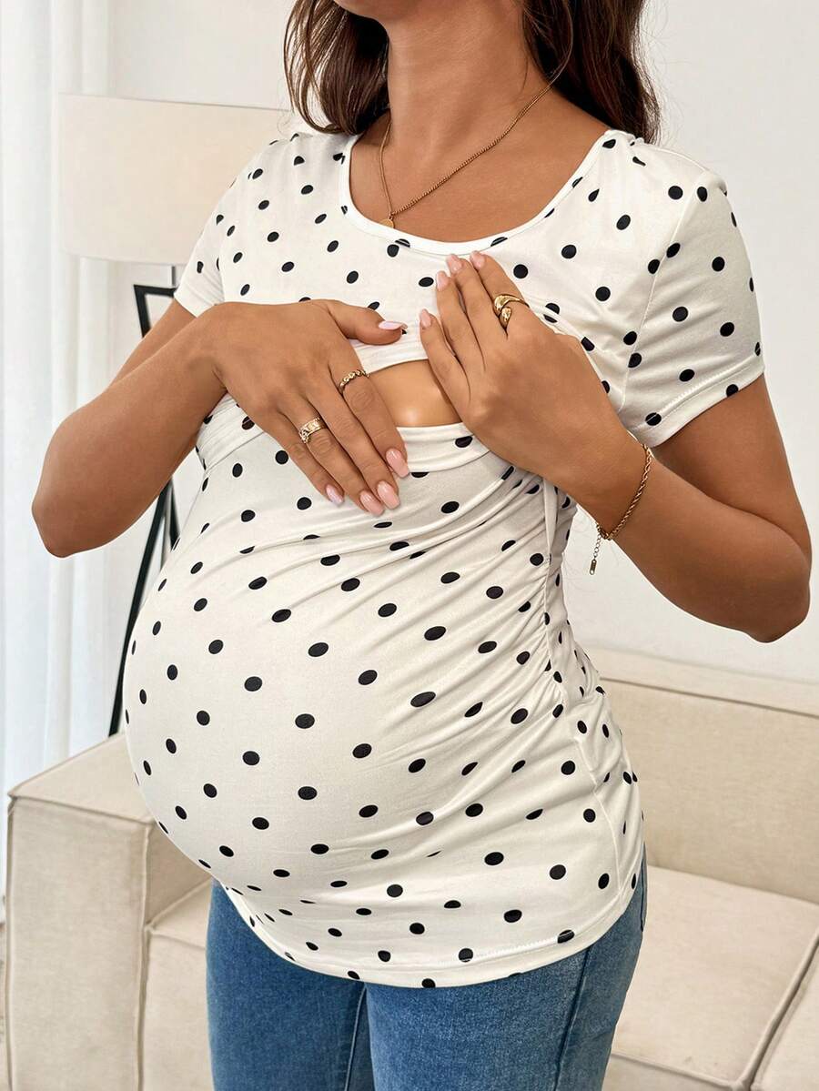 Maternity Polka Dot Print Round Neck Nursing Top White Slim Fit Short Sleeve Casual Home Wear Shirt for Pregnancy and Postpartum