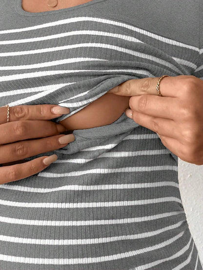Maternity Colorblock Striped Short Sleeve Nursing T-Shirt - Slim Fit Rib-Knit Breastfeeding Scoop Neck Top