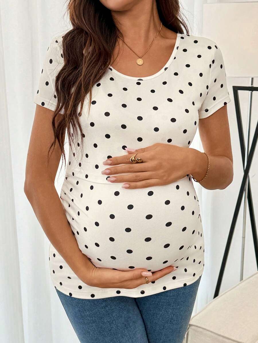 Maternity Polka Dot Print Round Neck Nursing Top White Slim Fit Short Sleeve Casual Home Wear Shirt for Pregnancy and Postpartum