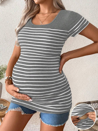 Maternity Colorblock Striped Short Sleeve Nursing T-Shirt - Slim Fit Rib-Knit Breastfeeding Scoop Neck Top