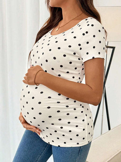 Maternity Polka Dot Print Round Neck Nursing Top White Slim Fit Short Sleeve Casual Home Wear Shirt for Pregnancy and Postpartum