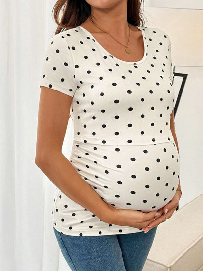 Maternity Polka Dot Print Round Neck Nursing Top White Slim Fit Short Sleeve Casual Home Wear Shirt for Pregnancy and Postpartum