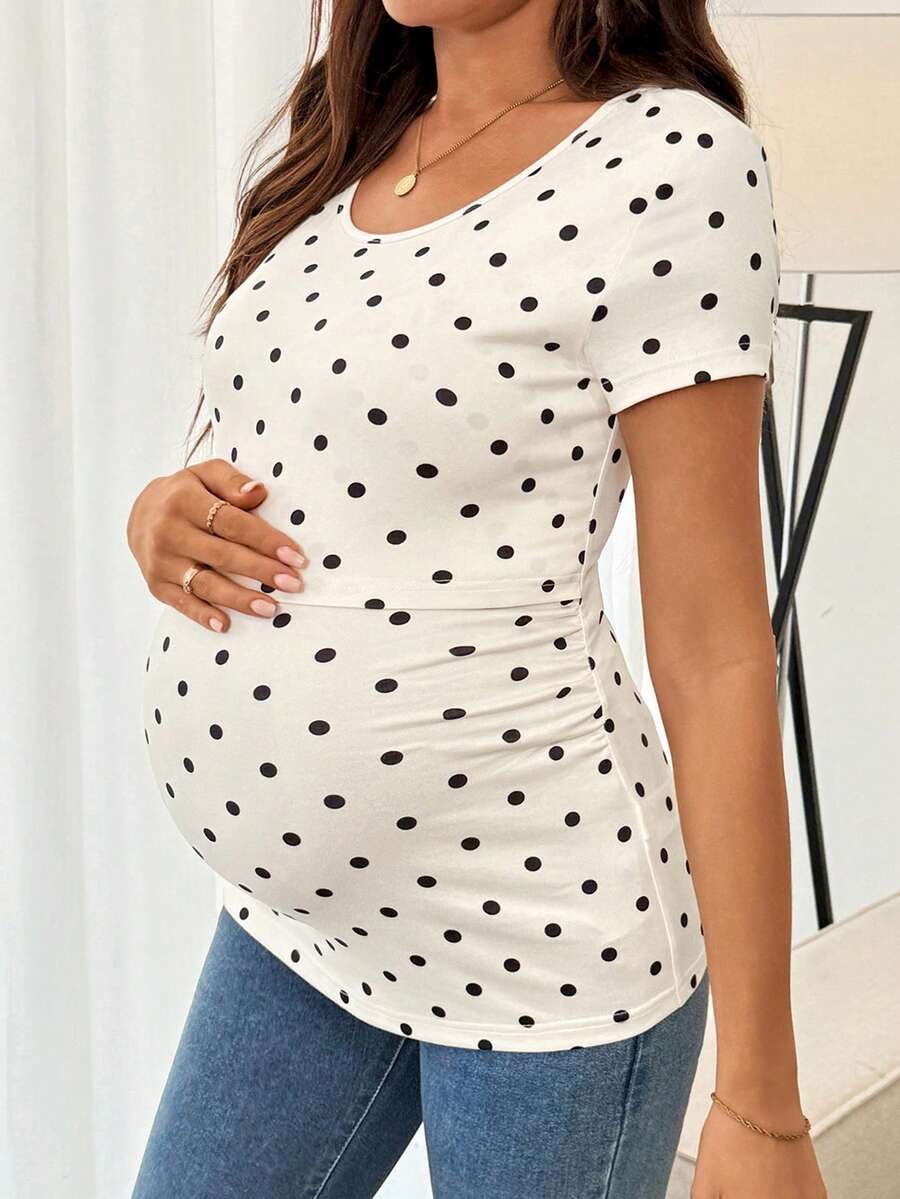 Maternity Polka Dot Print Round Neck Nursing Top White Slim Fit Short Sleeve Casual Home Wear Shirt for Pregnancy and Postpartum