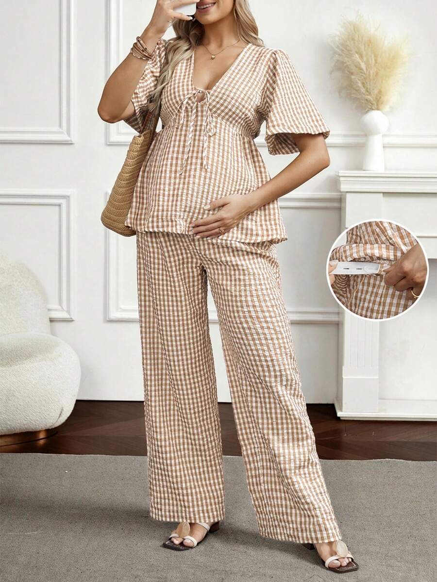 Maternity 2-Piece Plaid Lounge Set - Baby Blue Lace-Up Ruffle Blouse and Wide Leg Pants Set